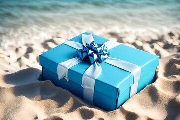 Blue gift box on a beach