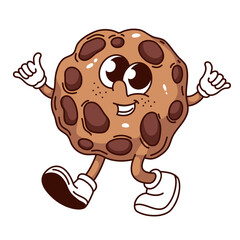 Canvas Print - Groovy cookie with chocolate chips cartoon character walking with smile. Funny retro round cereal cookie with happy face, sweet dessert mascot, cartoon sticker of 70s 80s style vector illustration