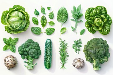 Wall Mural - A set of green herbs and vegetables, organic vegetarian food, isolated on a white background, modern illustration