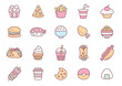 Kawaii fast food icon set. Collection of cute hand drawn food and drink stickers isolated on a white background. Vector 10 EPS.