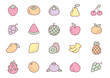 Kawaii fruit icon set. Collection of cute hand drawn fruit and berry stickers isolated on a white background. Vector 10 EPS.