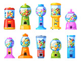 Fototapeta Pokój dzieciecy - Gumballs vending machines. Colorful cartoon dispensers with round chewing candies, full sweets retro robots, different shapes containers, bubblegum capsules, , vector isolated set
