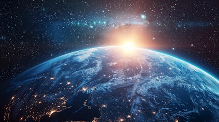 Wall Mural - A beautiful view of the Earth from space, with the sun rising over the horizon. The planet is surrounded by a vast expanse of stars, creating a serene and peaceful atmosphere. The colors of the sky