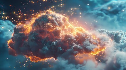 Wall Mural - A cloud of fire is shooting out of the sky. The fire is orange and bright, and it is surrounded by a dark blue sky. Concept of danger and destruction, as the fire seems to be spreading rapidly