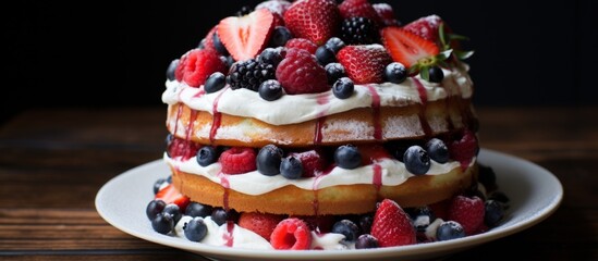 Canvas Print - A delicious cake topped with fresh berries and fluffy whipped cream on a white plate