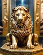 A stately golden lion statue sits proudly, a symbol of strength and royalty.