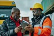 Efficient Teamwork in Logistics African American Manager and Truck Driver Reviewing Product Checklist in a Freight Parking Lot