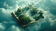 A book is floating in the sky with trees and clouds