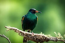 Starling Bird Perched With Green Background And Copyspace