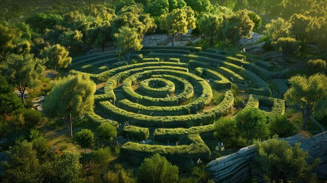 A maze is shown in a lush green field with trees and bushes. The maze is surrounded by a hedge and has a circular shape. Concept of adventure and exploration