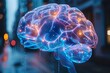 Modelo de un cerebro humano hecho de energia con luces de neon azul representando la grandeza de la inteligencia humana y el desarrollo la inteligencia artificial. Concepto
