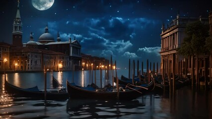 Poster - Gondolas in Venice at night with full moon. 3D rendering, Elegant gondolas in Venetian water canal under moonlit night, AI Generated