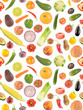 Vertical seamless pattern fresh fruits and vegetables isolated on white
