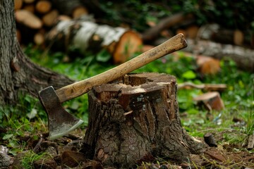 Aged axe embedded in log for chopping wood