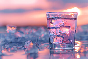 Wall Mural - a close up of a glass of water with ice cubes and water droplets on a table with a blurry background of ice cubes and a pink sky.