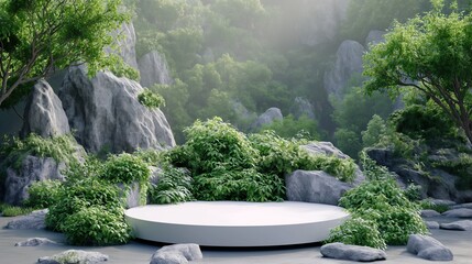 White circular platform podium. Garden in the morning.