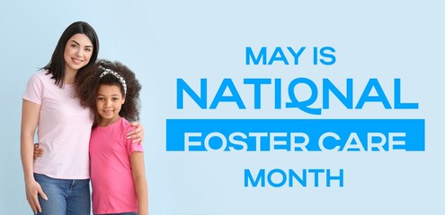 Wall Mural - Banner for National Foster Care Month with happy woman and little African-American girl