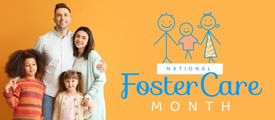 Wall Mural - Banner for National Foster Care Month with happy couple and little girls