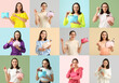 © Pixel-Shot - Group of young woman with makeup bags and decorative cosmetics on color background