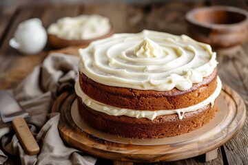 Poster - Closeup of homemade rustic cake with white icing on wooden table