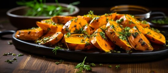 Wall Mural - Roasted squash served on a plate garnished with fresh herbs and drizzled with flavorful sauce
