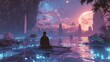 A person is sitting on a rock by a body of water, looking up at the sky. The sky is filled with stars and a large, glowing moon. The scene is peaceful and serene