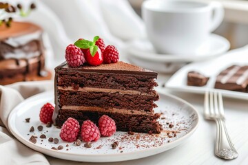 Wall Mural - Chocolate cake on plate on table with light background