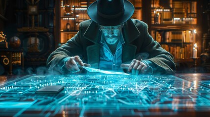 Wall Mural - A man in a hat is looking at a computer screen with a map on it. He is holding a knife in his hand
