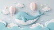 A blue whale is flying through the sky with pink and yellow balloons. The scene is whimsical and playful, with the whale appearing to be having a fun and carefree time