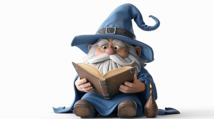 A blue wizard is reading a book. The book is open to a page with a candle on it