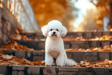 Cute Bichon Frise Dog With Chic Haircut On Park Stairs In Fall