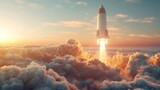 Fototapeta  - A white rocket is flying through the sky, leaving a trail of smoke behind it. The sky is filled with clouds, and the sun is setting in the background, creating a warm and peaceful atmosphere