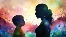 A Silhouette Of Mother And Son Are Looking At Each Other With Watercolor Background