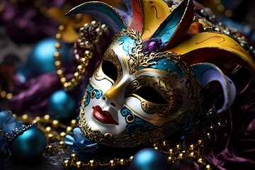 Wall Mural - A mask with a blue and gold design sits on a table with other decorations