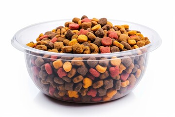 Poster - Dog food in plastic bowl on white background