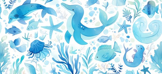 Wall Mural - A blue and white background with a variety of sea creatures including fish