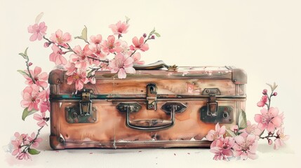 Wall Mural - Vintage Suitcase with Pink Watercolor Flowers on White Background Generative AI