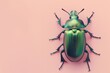 Hyper-realistic 3D illustration of a metallic green beetle on a smooth pastel pink background, perfect for nature and science concepts.