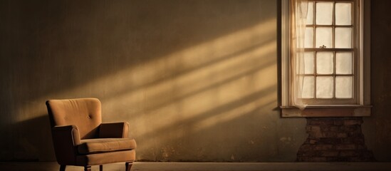 Sticker - A wooden chair is placed near a large window in a room with a textured brick wall