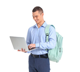 Wall Mural - Male student with laptop on white background. End of school concept