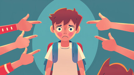 Wall Mural - sad schoolboy or male student with backpack, around are hands with pointing fingers , concept of school bullying . Violence victim bully and social theme 