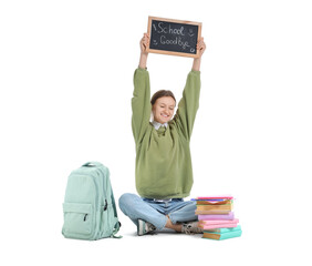 Poster - Female student holding chalkboard with text SCHOOL GOODBYE on white background. End of school concept