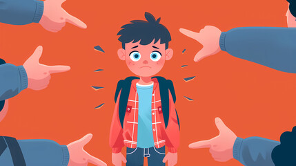 Wall Mural - sad schoolboy or male student with backpack, around are hands with pointing fingers , concept of school bullying . Violence victim bully and social theme 