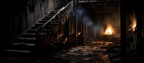 Canvas Print - In the dimly lit room, a fiery blaze illuminates the darkness, casting flickering shadows on the nearby staircase