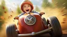 A Cute Boy Is Having A Fun Time Riding A Red Toy Car Under The Summer Sun.
