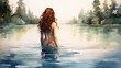 Watercolor drawing of a red-haired beauty entering a lake against the backdrop of a green forest.