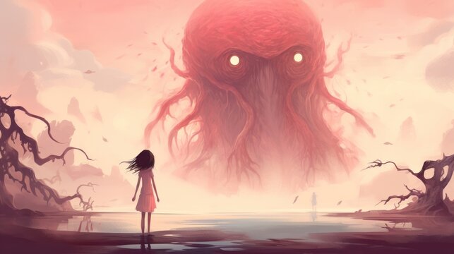 A little girl in a red dress stands in front of a giant red monster with glowing eyes. The sky is pink and grey, and there are dead trees in the foreground.