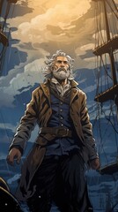 Wall Mural - A bearded man in 18th century clothing standing on a ship at sea. The sky is cloudy and the sea is dark.