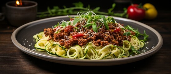 Poster - A detailed view of a plate containing savory noodles and tender meat, creating a delicious and appetizing meal