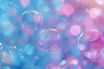 a bunch of soap bubbles floating on top of a blue and pink background with a lot of bubbles floating on top of the bubbles and a blue and pink blurry background.